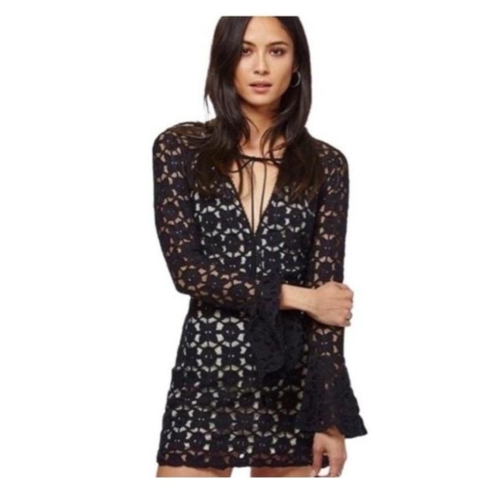 Free People Back to Black Dress Size 4 Black Mini Bell Sleeve Crochet Lace EUC